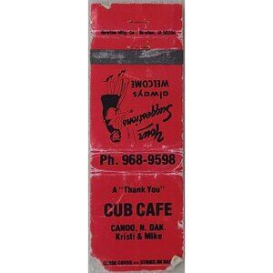 Vintage Matchbook Cover Cub Cafe Cando ND North Dakota